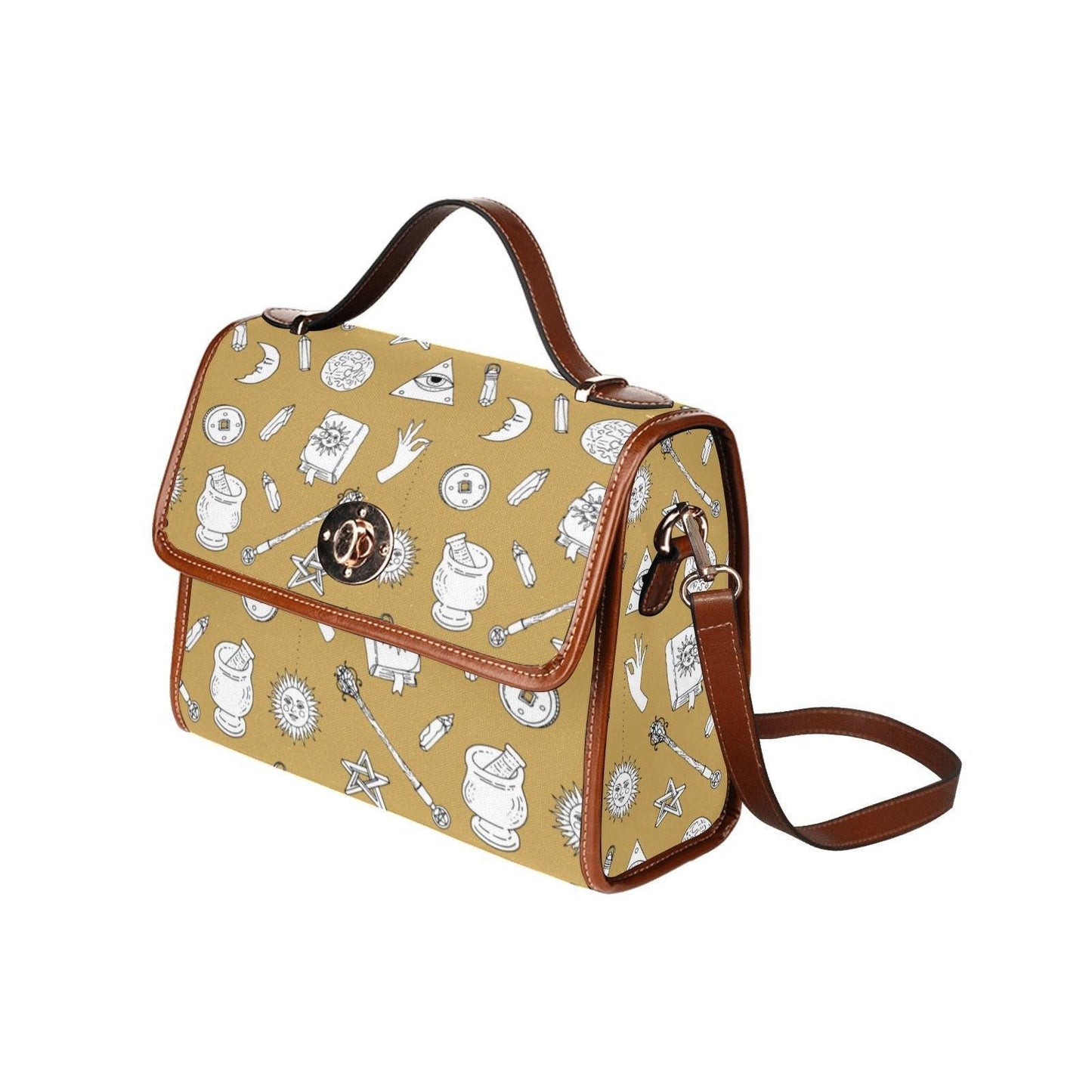 Witchy Symbol Pattern, Occult Gold Icon Bag, Magical Tan Crossbody, Celestial Witch Purse, Alchemy Inspired Accessory, Unique Witch Gift