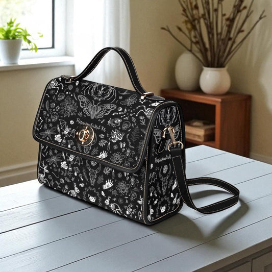Witch symbols crossbody bag, spooky goth shoulder purse, mystical sketch witchy handbag, celestial dark aesthetic satchel, occult indie bag