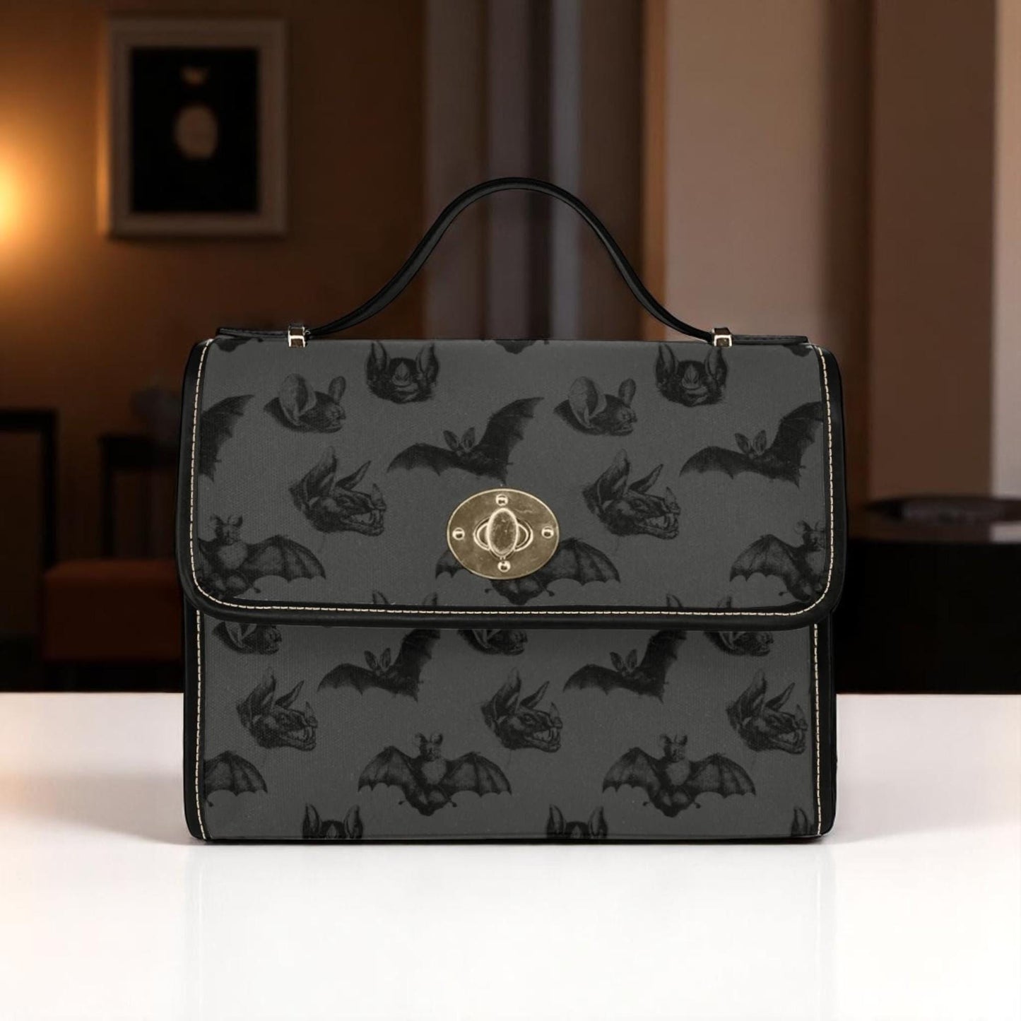 Bat Gothic Purse, Canvas Satchel bag, Vegan Hand Bag Goth Bag, Halloween Costume Adult Cosplay, Cute Black Witch women cross body purse