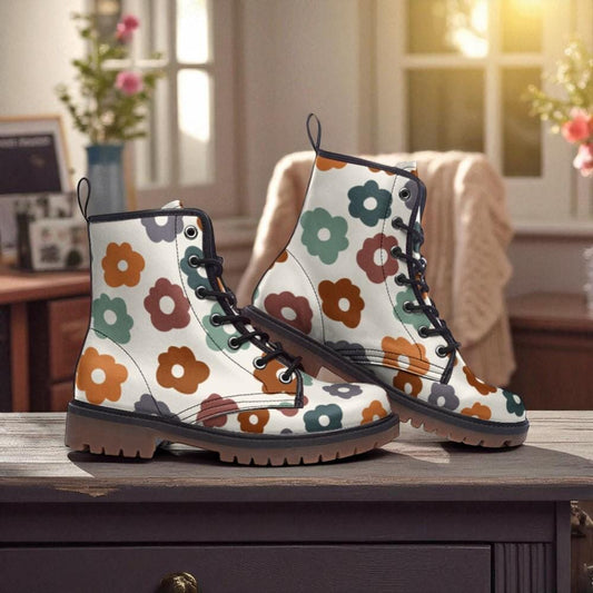 Retro Floral Combat Boots, Groovy Festival Shoes, Cottagecore Footwear, 70s Flower Power Boots, Funky Botanical Print, Aesthetic Alt Boots