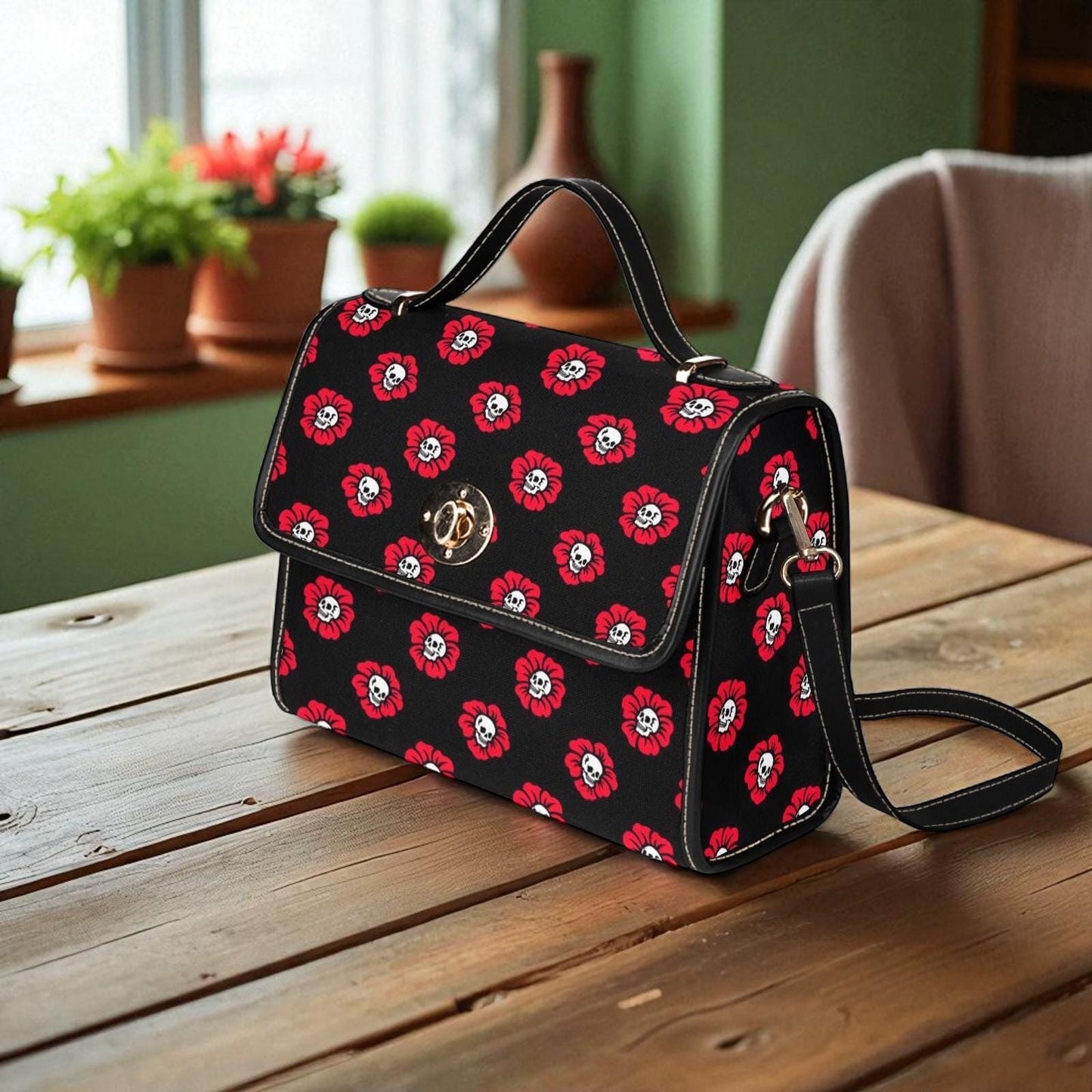 Red Poppy Skull Bag, Floral Goth Handbag, Alternative Skullcore Purse, Spooky Floral Satchel for Horror Girls, Edgy Punk Skeleton Print Tote