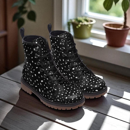 Terrazzo Print Combat Boots, black white festival shoes, witchy streetwear footwear, grunge hiking boots for her, goth winter ankle boots