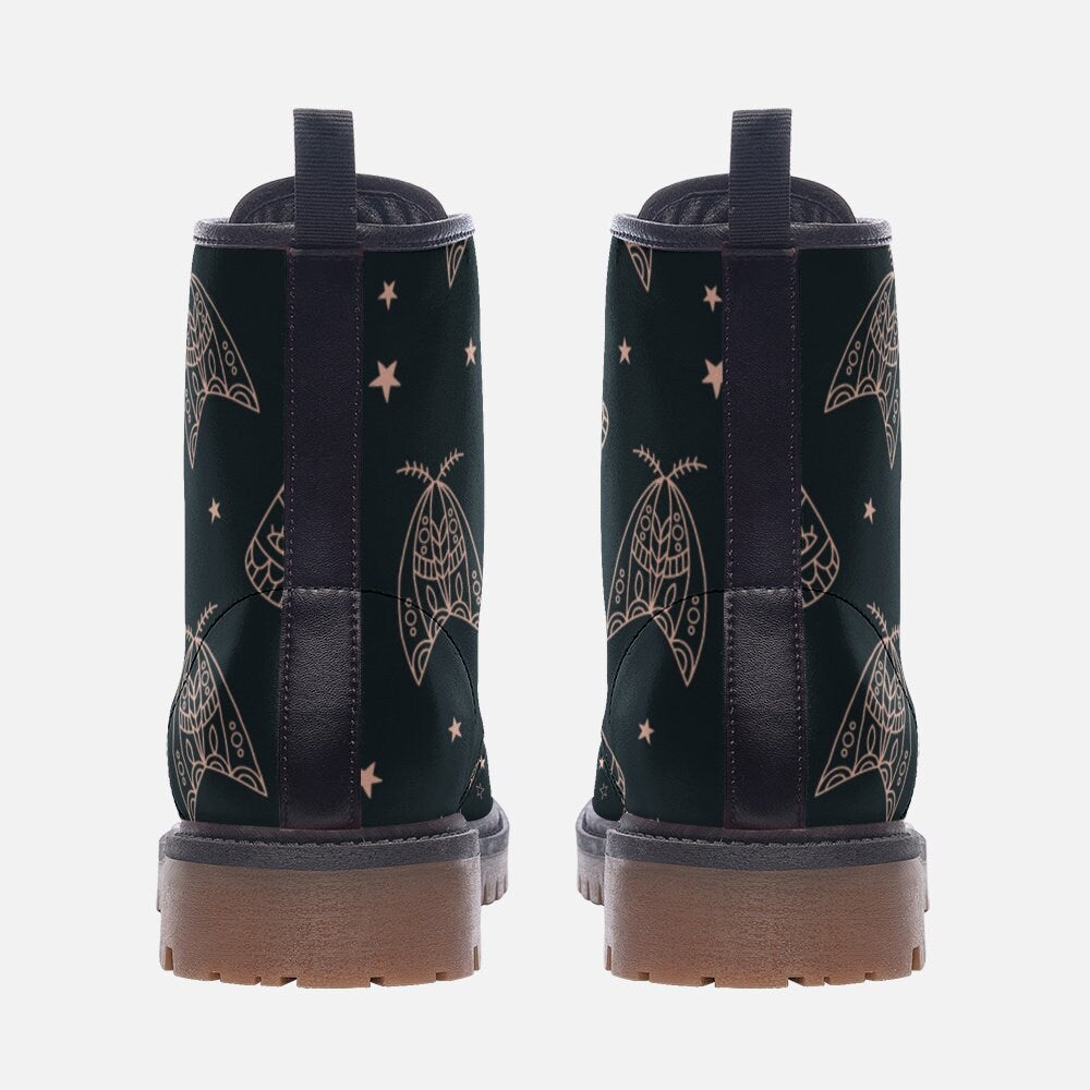 Line art moth boots, celestial insect lace up shoes, mystical night combat boots, starry moth pattern footwear, enchanted moth ankle boots