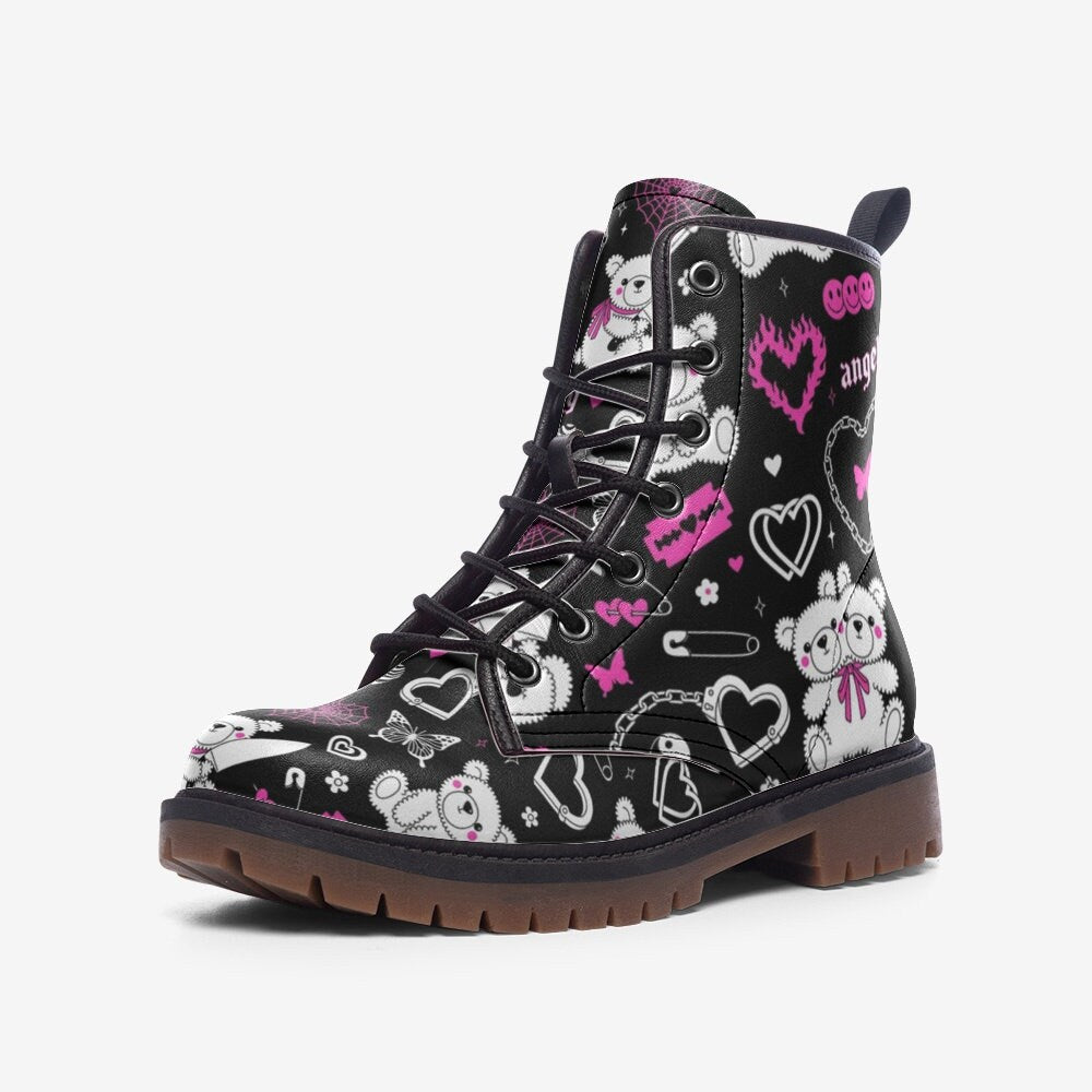 Kawaii bear shoes, pastel heart boots, dreamy pink footwear, retro y2k lace ups, sweet grunge ankle boots, playful emo shoes, toy footwear