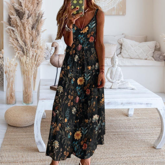 Dark Cottagecore Maxi Dress, Dark Floral Pattern Dress, Forest Ferns Dress, Witchy Maxi Dress, Fairy Grunge Dress, Whimsigoth Dress