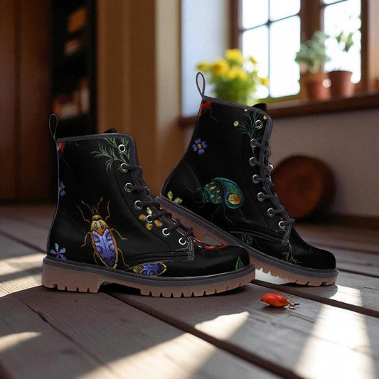 Beetle garden combat boots, enchanted insect lace up shoes, whimsical bug print footwear, cottagecore beetle boots, insect festival shoes