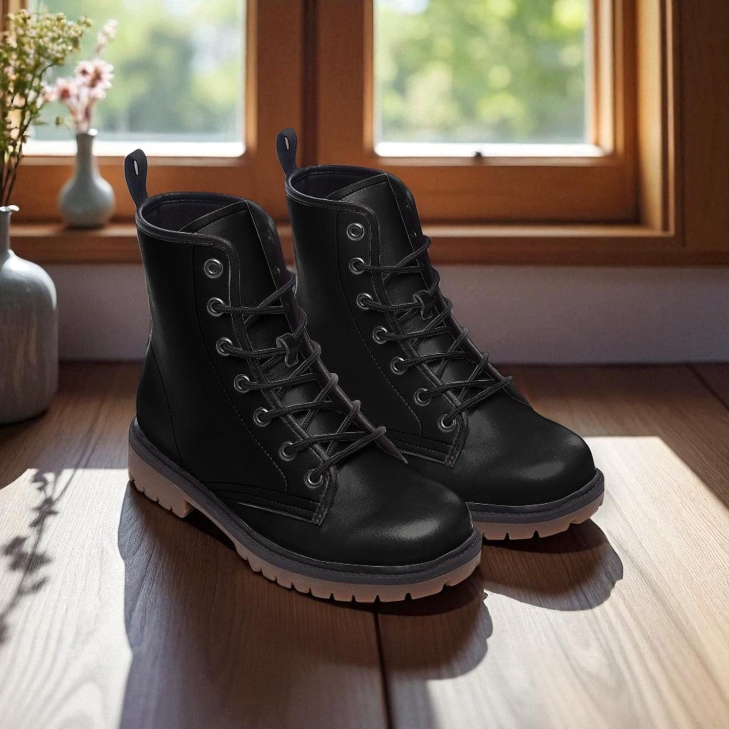 Black Combat Fairycore Boots, Vegan Lace Up Platform Boots for Witches, Gothic Grunge Ankle Booties, Chunky Soft Girl Fall Footwear