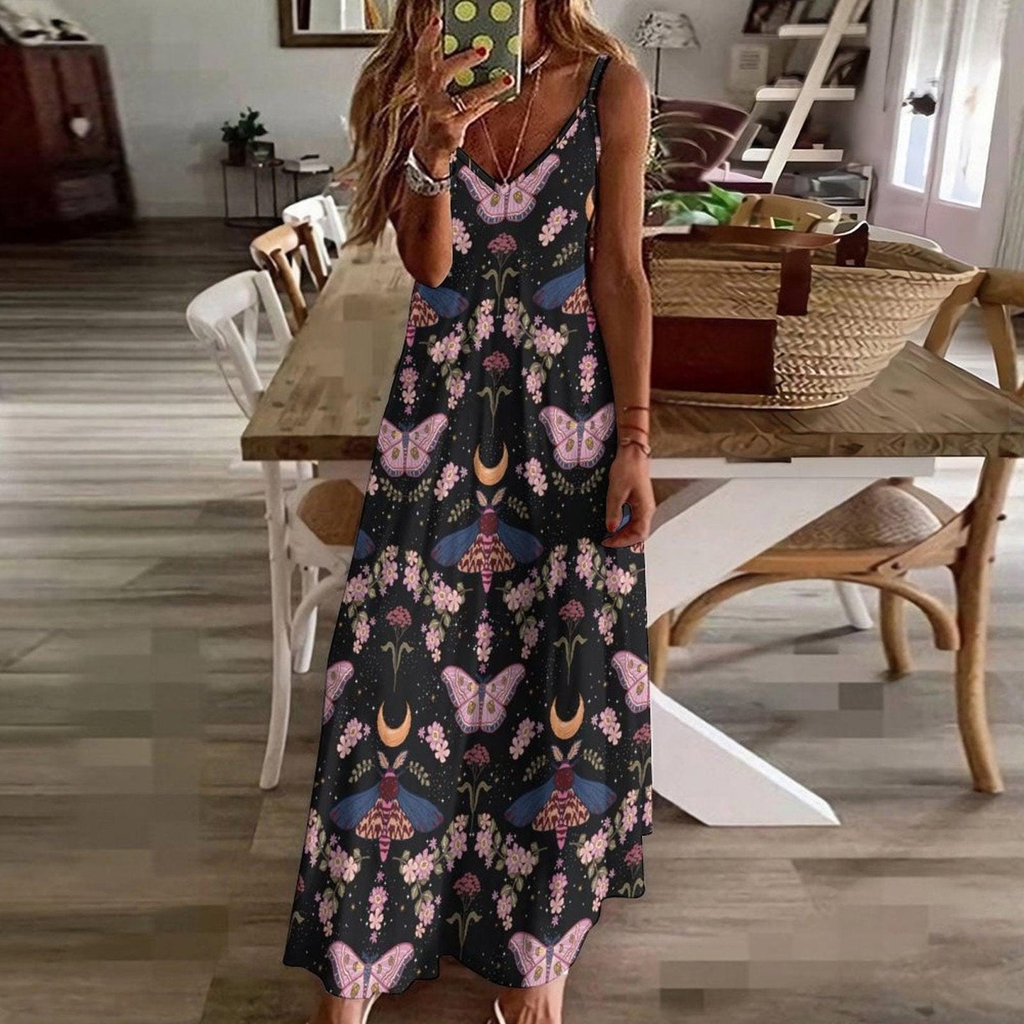 Moon moth floral dress, Witchcore butterfly summer gown, Crescent moon boho sundress, Fairy goth garden outfit, Celestial black maxi look