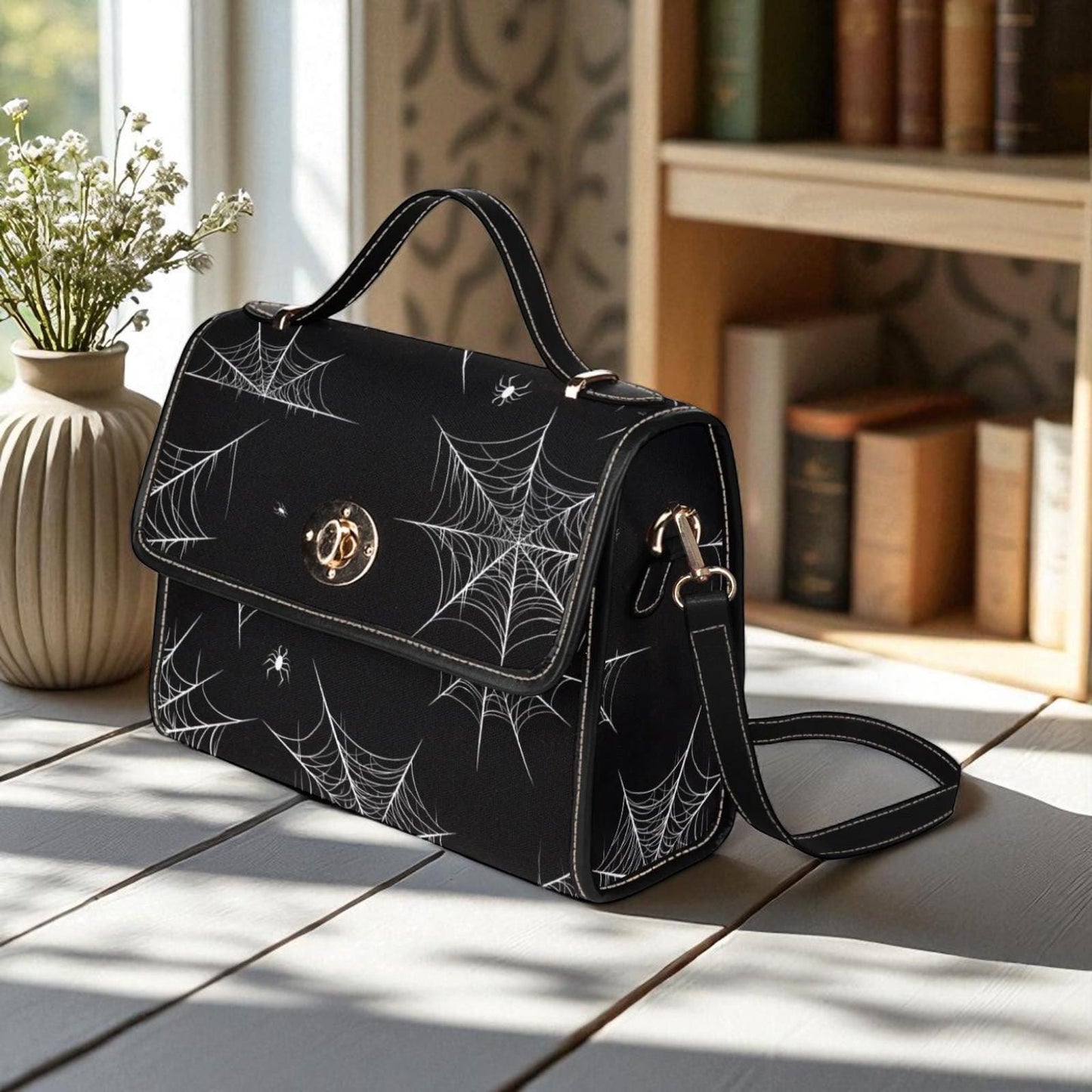 Spiderweb design purse, black spooky crossbody, Halloween goth handbag, witchcore spider satchel, creepy cute web print bag, dark alt bag