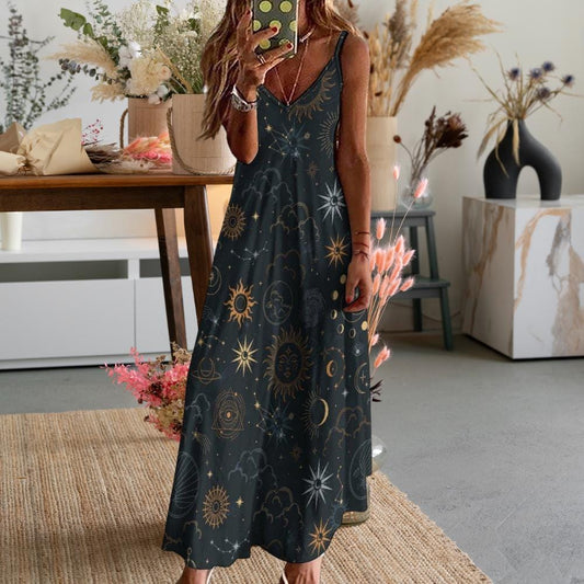 Celestial Sun Moon Dress, Black Astrology Maxi Dress, Starry Sky Spiritual Outfit, Witchcore Planet Print Dress, osmic Universe Boho Fashion