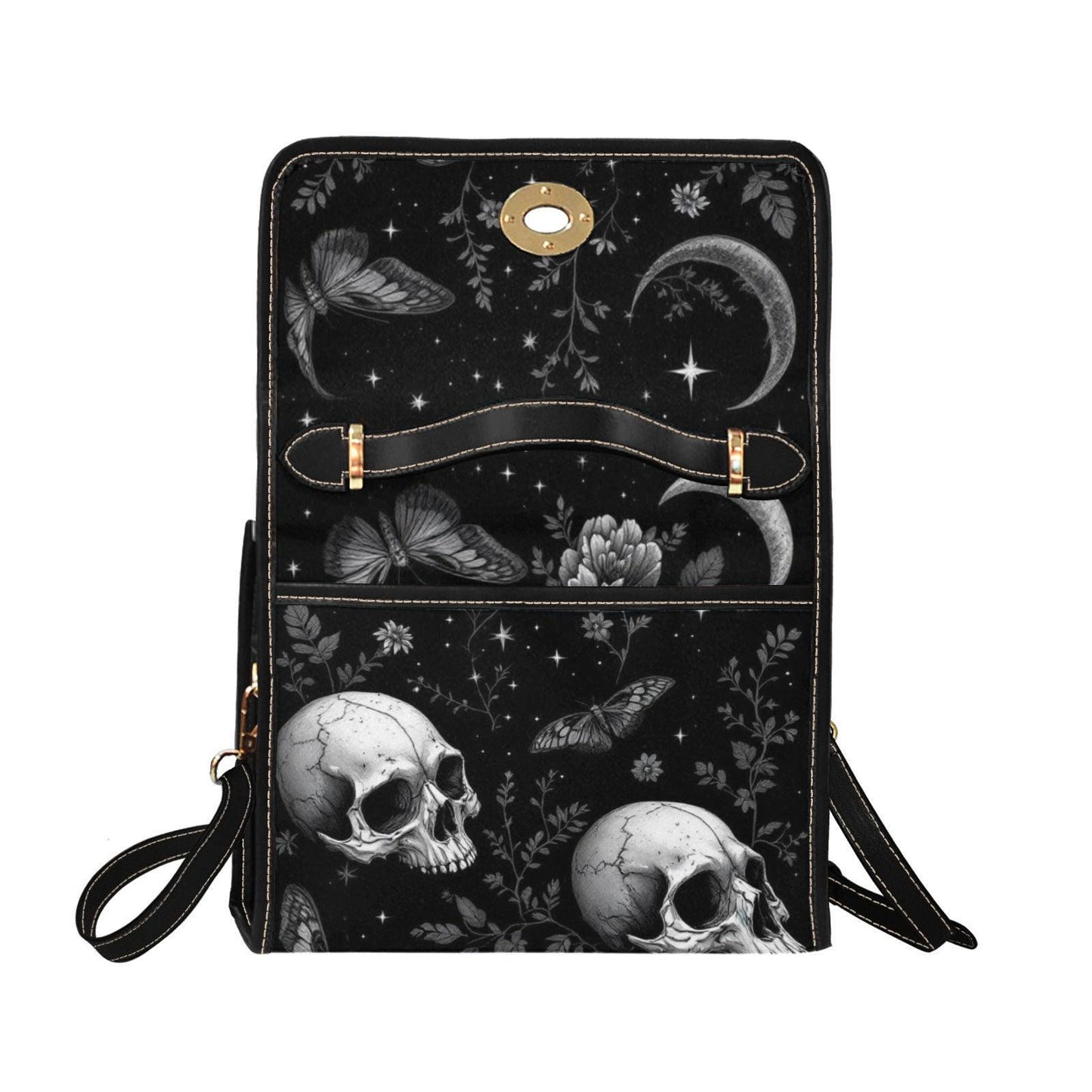 Mystical Moon Skull Bag, Dark Floral Gothic Purse, Celestial Butterfly Handbag, Witchy Shoulder Tote, Elegant Goth Accessories, Occult Gift