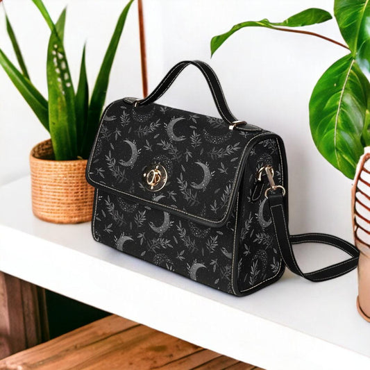 Moon Witch Canvas Bag, Witchy Celestial Purse, Cute Cottagecore Witch Canvas Satchel Bag, Black eco goth satchel, Cottage Core Purse