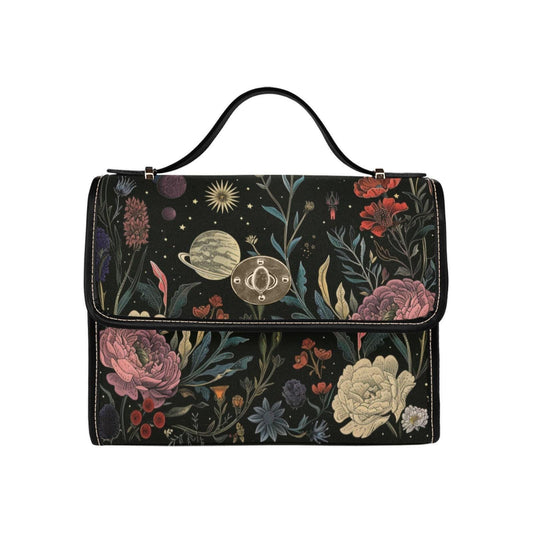Celestial floral shoulder bag, witchy garden canvas purse, cosmic botanical crossbody satchel, mystical alt aesthetic gift idea