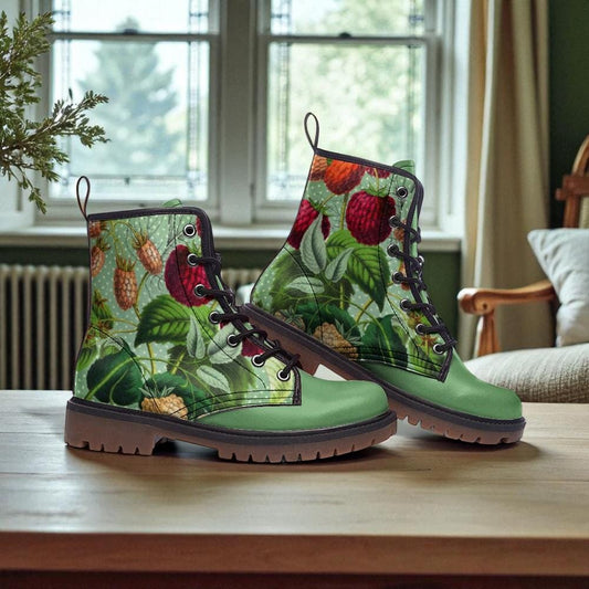 Green Raspberry Combat Boots, Cottagecore Hiking Boots Women, Berrycore Ankle Boots, Botanical Lace Up Shoes, Dark Fairy Forest Footwear