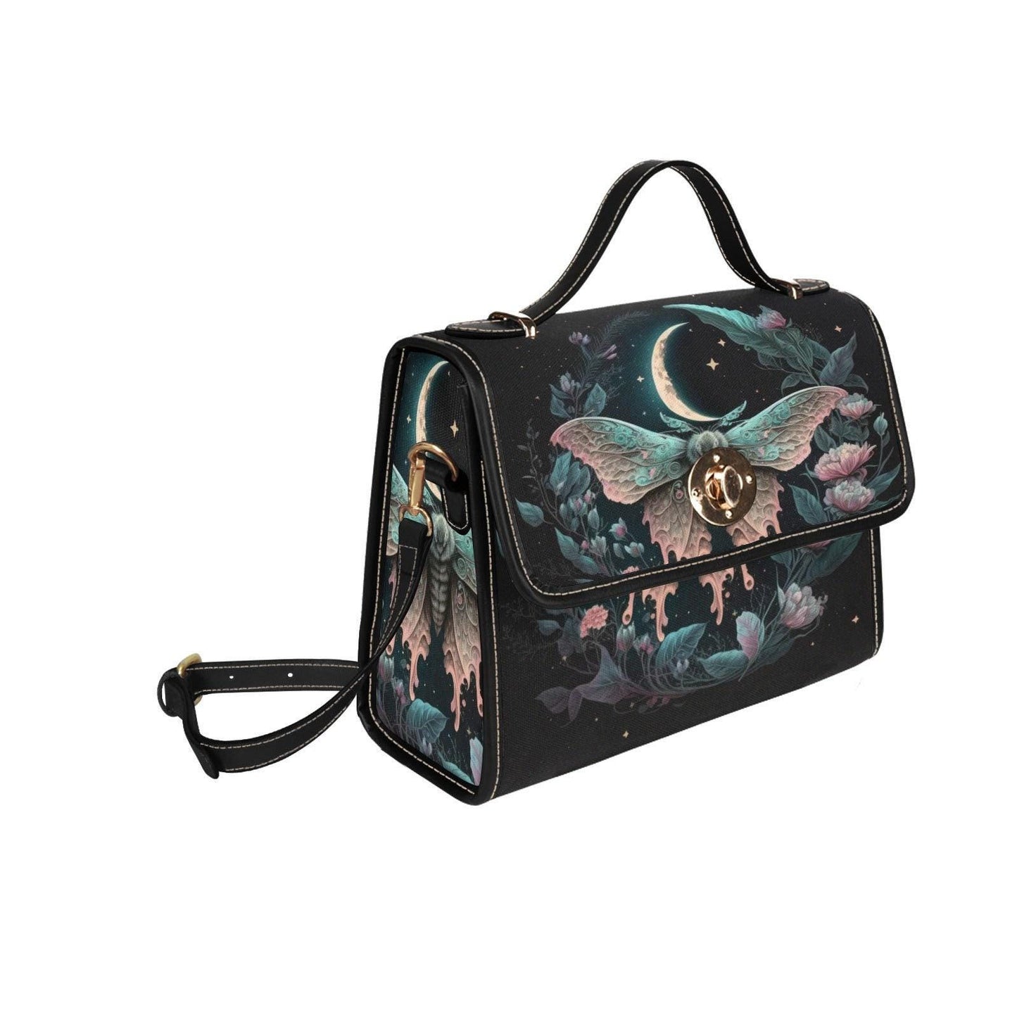 Lunar moth floral satchel, pastel moon top handle bag, dreamy fairycore crossbody, celestial moth print purse, whimsical witchy accessory