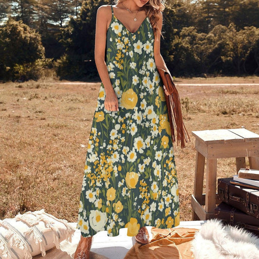 Yellow Floral Maxi Dress, Cottagecore Garden Dress, Soft Girl Spring Sundress, Retro Daisy Print Summer Outfit, Romantic Meadow Slip Dress