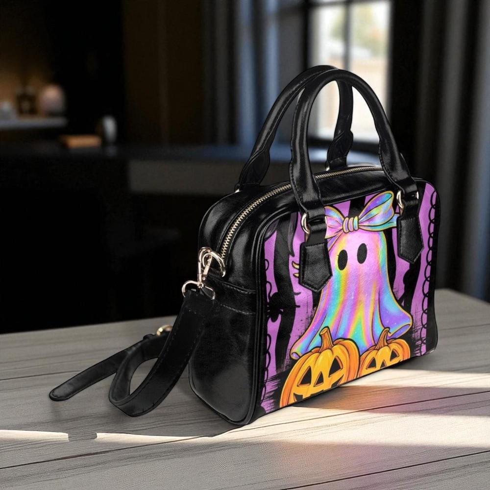 Rainbow pastel ghost bag, kawaii halloween crossbody, spooky cute pumpkin purse, pastel witchy shoulder bag, whimsical ghost accessory
