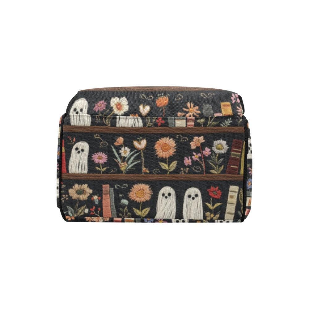 Ghosts and Books Backpack, Floral Diaper Bag for Witchy Moms, Dark Academia Baby Bag, Cottagecore Organizer, Spooky Cute Gift for Her