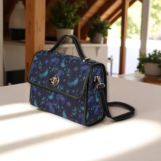 Celestial Moon and Stars Bag, Galaxy Print Shoulder Purse, Witchy Aesthetic Crossbody, Dark Blue Cosmic Handbag, Lunar Phase Gift