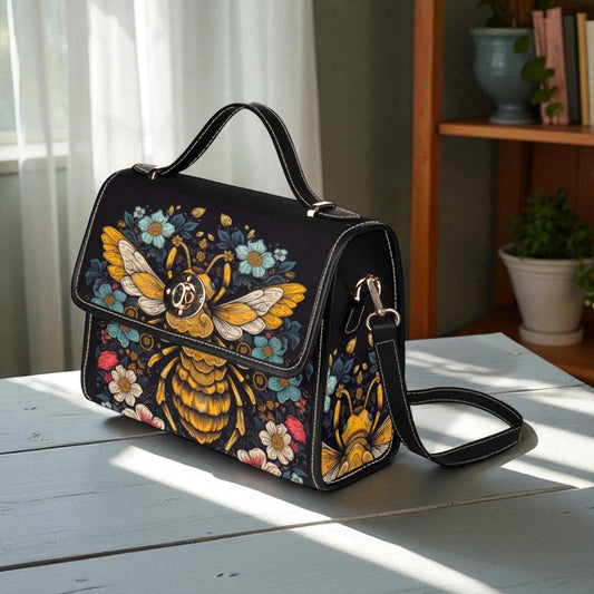 Retro Bee in the Forest Canvas Satchel bag, Cottagecore forestcore crossbody purse, cute vegan leather strap goth bag, hippies boho gift