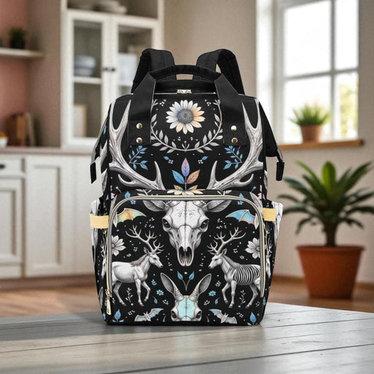 Gothic deer skull backpack, witchy floral diaper bag, dark forest antler bag, skull and flower backpack, pagan mom travel bag, spooky bag