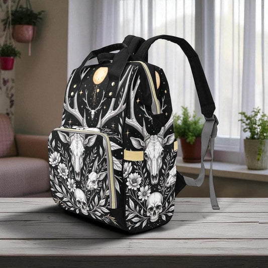 Cottagecore antler skull backpack, floral gothic diaper bag, enchanted forest baby bag, witchy mom backpack, celestial stag print bag, alt