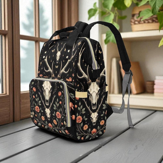 Witchcore floral skull bag, antler gothic diaper bag,baby backpack, celestial witch mom bag, forest witch travel bag,spooky floral backpack