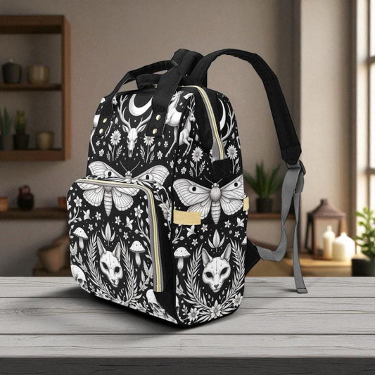 Moth and skull backpack, fox gothic diaper bag, forest witch mom bag, spooky baby bag, lunar floral backpack, alternative nursery bag