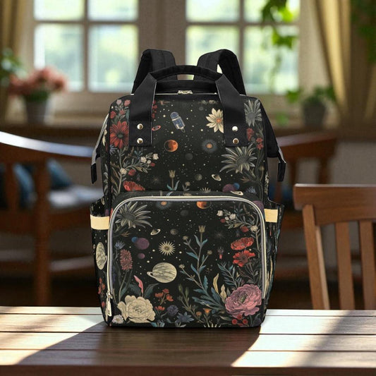 Floral Galaxy Diaper Bag, Astronomy Mom Backpack, Space Garden Baby Bag, Cute Celestial Nursery Backpack for Moms, Trendy Floral Bag