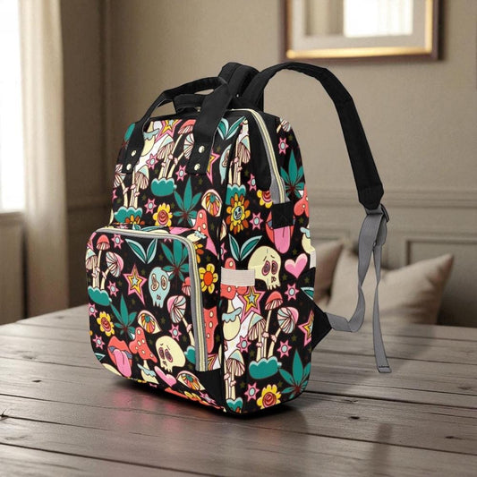 Psychedelic Mushroom Backpack Bag, Hippie Goth Diaper Organizer, Colorful Fungus Baby Gift, Trippy Mom Essentials, Alternative Baby Gear