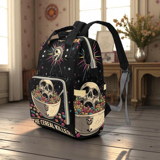 Cereal Killer Diaper Backpack, Funny Skull Mom Bag, Gothic Humor Organizer, Alternative Parenting Gear, Baby Gift Idea, Goth Mom Essentials