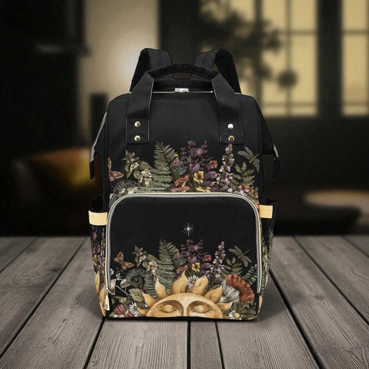 Sun and flowers backpack, enchanted botanical diaper bag, mystical cottagecore travel bag, celestial nature baby backpack, witchy mom bag
