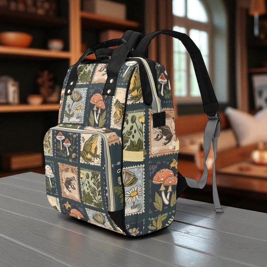 Mushroom frog patchwork bag, woodland cottagecore backpack, enchanted forest diaper bag, fairycore mushroom travel pack, whimsical backpack