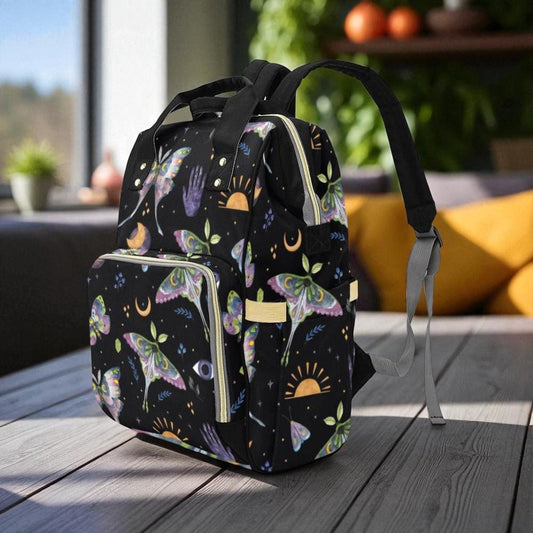 Celestial moth backpack, mystical diaper backpack, boho witch baby changing bag, lunar phases mom travel bag, astrology school backpack