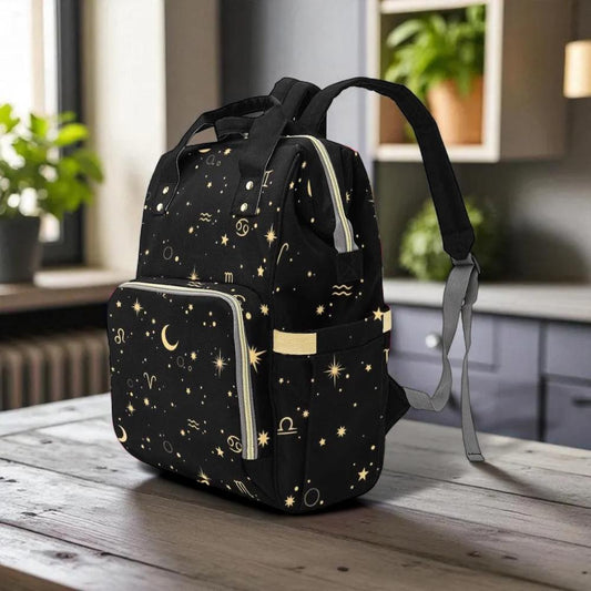 Zodiac Stars Backpack Black Astrology School Bag Witchy Diaper Tote