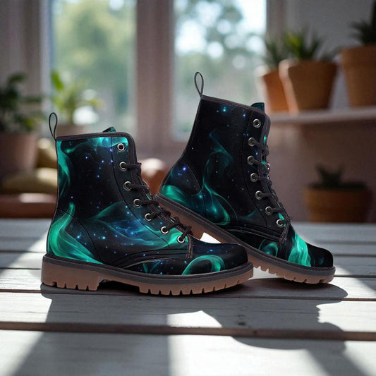 Galaxy Lace Up Boots, Teal Nebula Shoes, Cosmic Streetwear Footwear