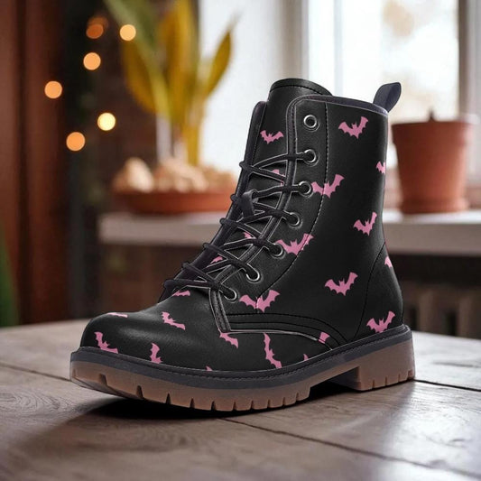 Pink bat combat boots, spooky lace up festival shoes, witchy vibe