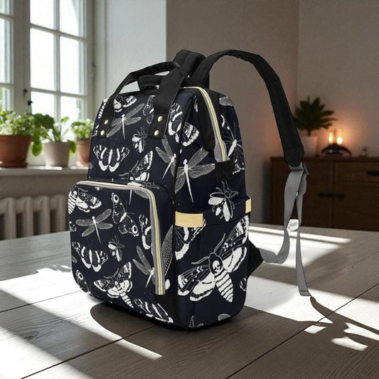 Black & White Moths Backpack: Witchy Academia Diaper Bag