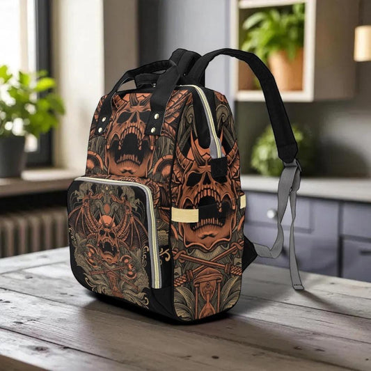 Demon Skull Occult Backpack with Gothic Bone Print, Travel Bag for Everyday, Festival Use