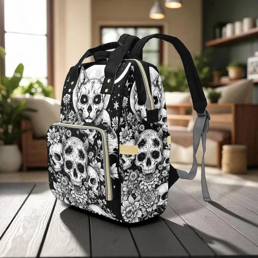 Occult Cat Skull Backpack, Witchy Diaper Bag, Gothic Floral Travel Pack