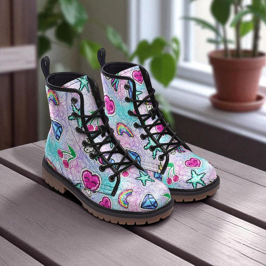 Kawaii Combat Boots, Pastel Rainbow Heart Shoes, Cute Y2K Aesthetic Footwear
