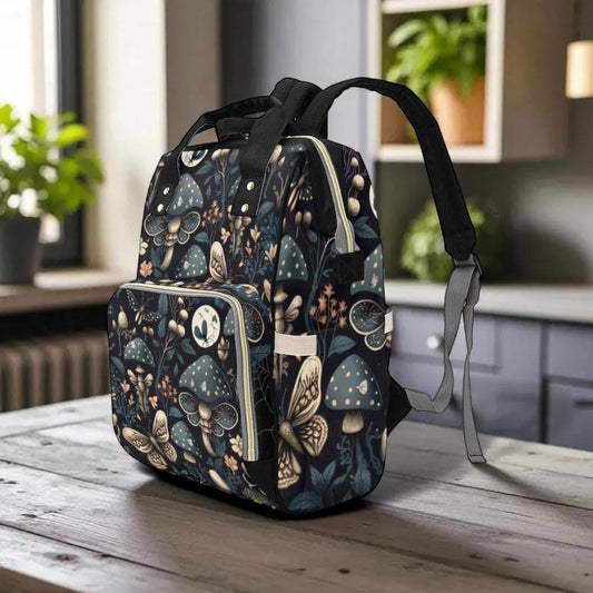 Dark Mushroom Witch Backpack, Cottagecore Diaper Bag with Fungi Print, Everyday Travel Bookbag