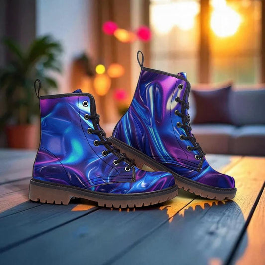 Holographic Combat Boots in Blue Purple Iridescent Finish for Rave Festival Outfits