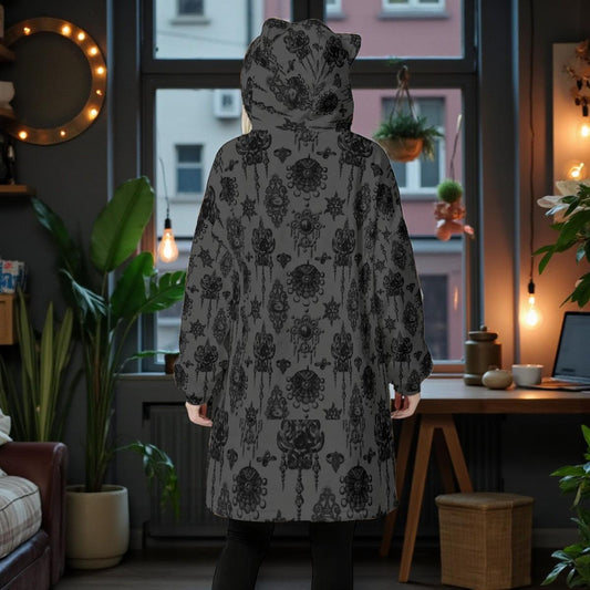 Gothic Pattern Fleece Blanket Hoodie, Dark Academia Cat Ear Hood