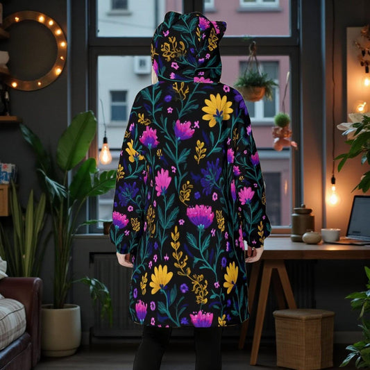 Dark Floral Fleece Hoodie Blanket, Cottagecore Cat Ear Hood