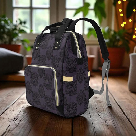 Black Rose Diaper Backpack, Dark Floral Baby Bag with Botanical Pattern
