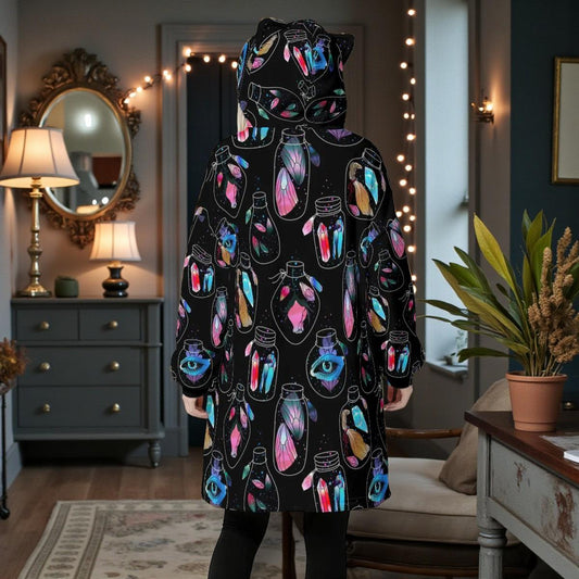 Witchy Potion Bottle Fleece Hoodie Blanket, Cat Ear Hood