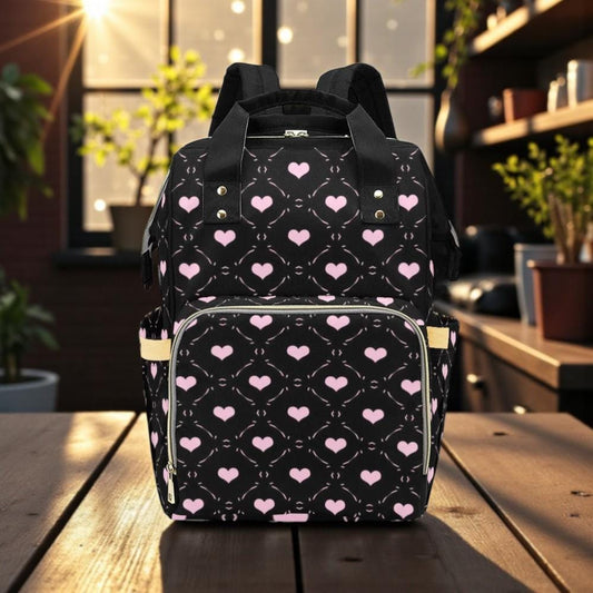 Pink Heart Diaper Backpack for Moms with Soft Gothic Love Print