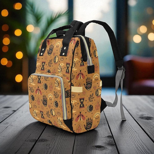 Occult Symbol Diaper Backpack, Witchy Hand Moon Crystal Baby Bag