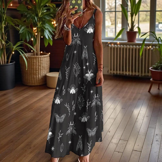 Celestial Insect Maxi Dress, Witchy Bug Print Dress, Dark Nature Dress